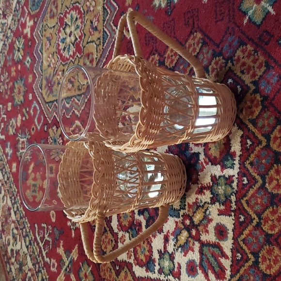 ❤ VINTAGE | Boho Wicker Handled Drinking Glass Holders & Glasses - Set of 2 - Picture 10 of 11